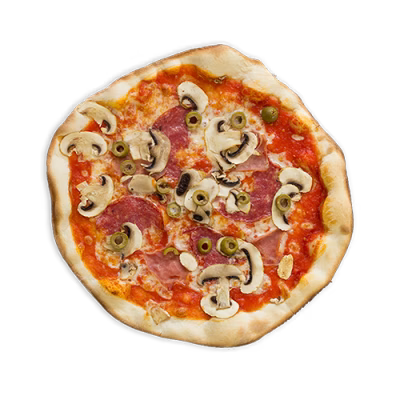 BOSCAIOLA — Tomatensaus, Buffel mozzarella, Porcini, Champignon, Pancetta, Italiaanse salsiccia